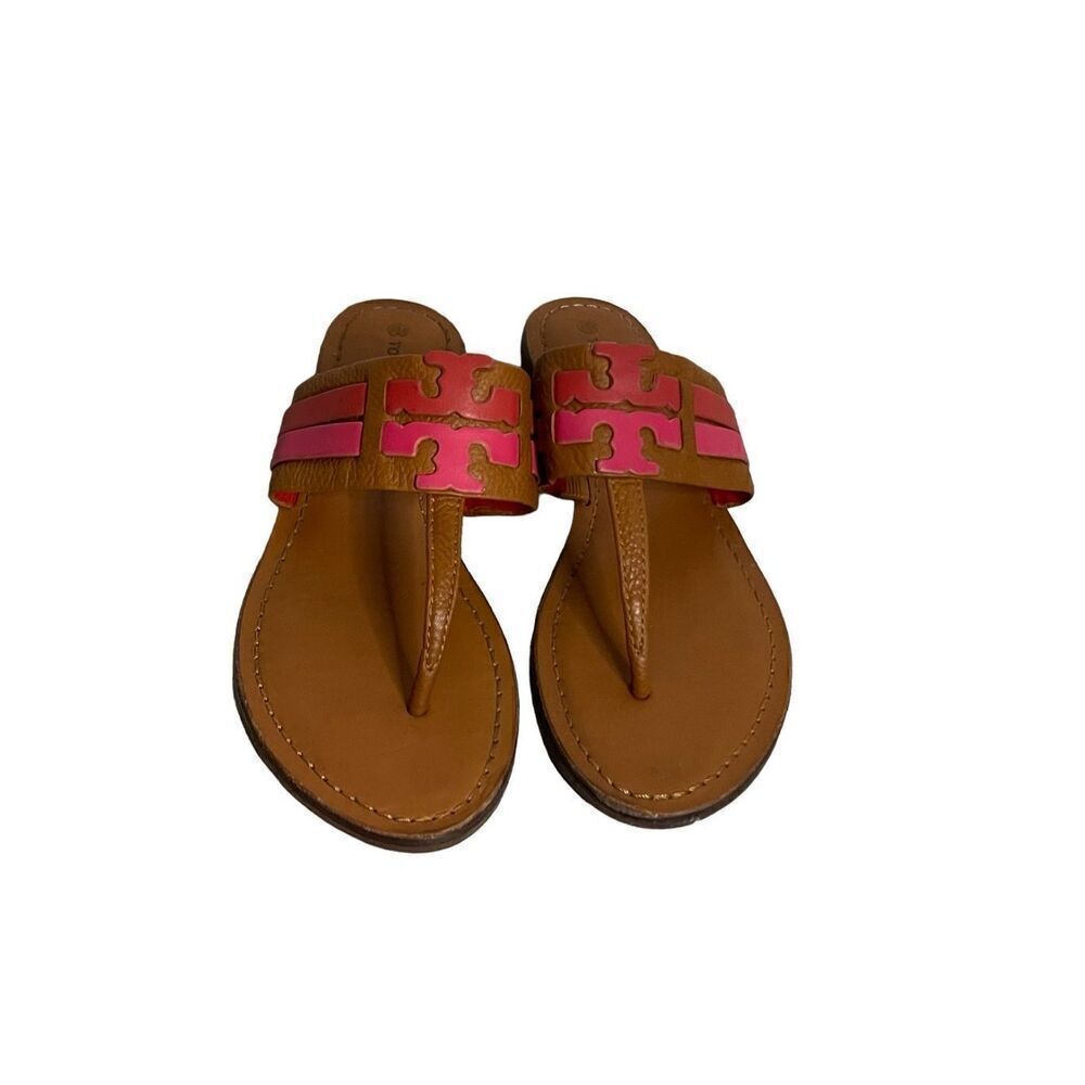 TORY BURCH LEIGH AMBRA CARNELIAN AZALEA LEATHER THONG SANDALS Women’s Size 8